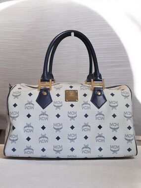MCM Visetos Monogram Boston Bag Navy White